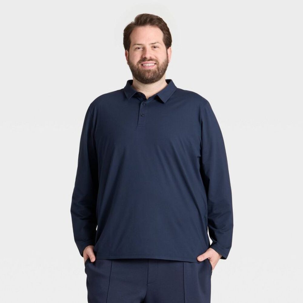 Men's Long Sleeve Soft Stretch Polo Shirt - All In Motion Dark Blue S
